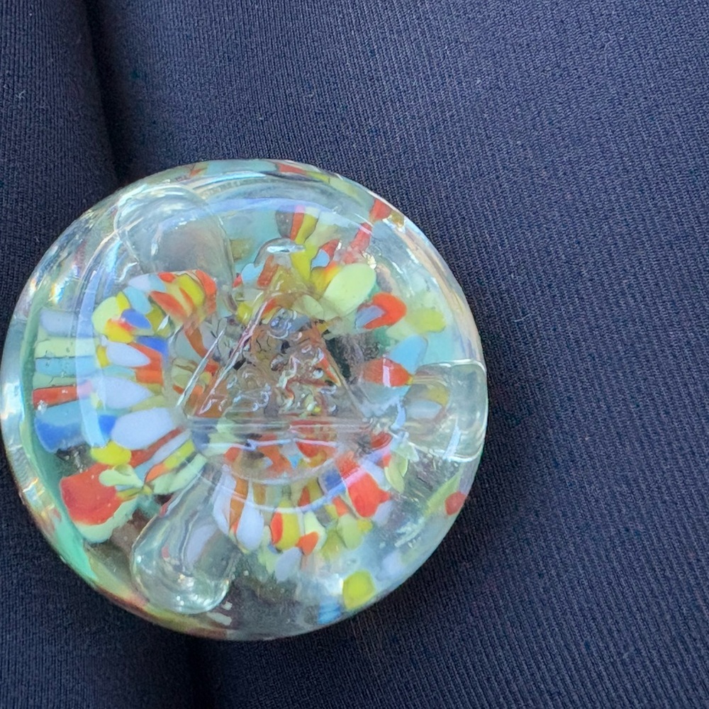 Vintage Vibrant Red and Yellow Glass Art Sphere with Stamped Bottom